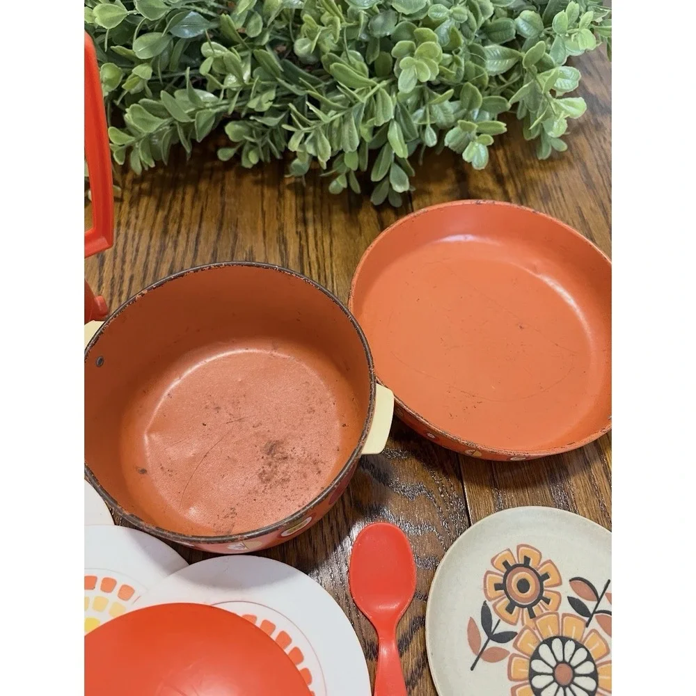 Enamel Tin Pots Pans Plates Pitcher Kitchen Pretend Play 1970s Vintage‎ Orange
